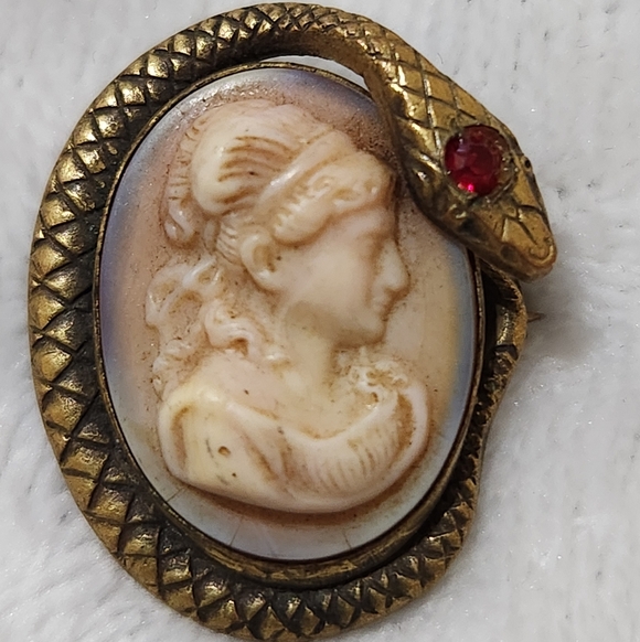 Vintage Shell Cameo Serpent Brooch Red Rhinestone Eye 1940s - Picture 9 of 14